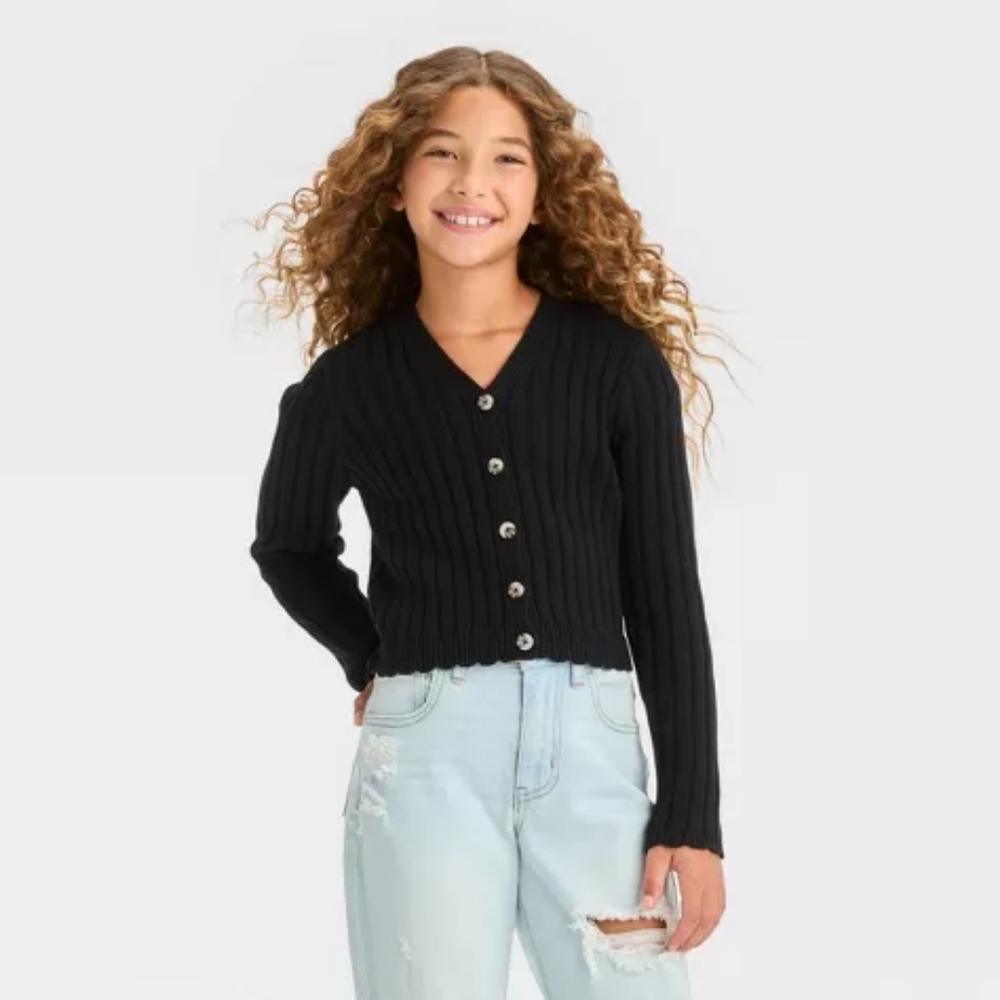 16 - 18 XXL Girls Scallop Long Sleeve Ribbed Cropped Cardigan - art class V-neck